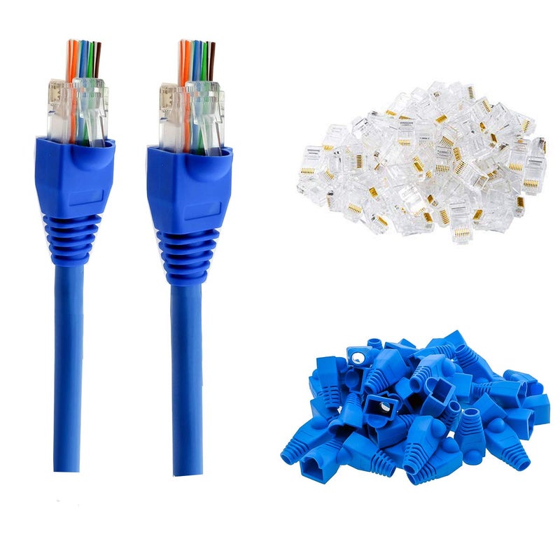 PETECHTOOL RJ45 Cat6 Pass Through Connectors Gold Plated 8P8C Ends and Blue Strain Relief Boots for CAT6 RJ45 Ethernet Network Cable Connector Plug Cover 100/100 (200 Packs Total) - Image 1